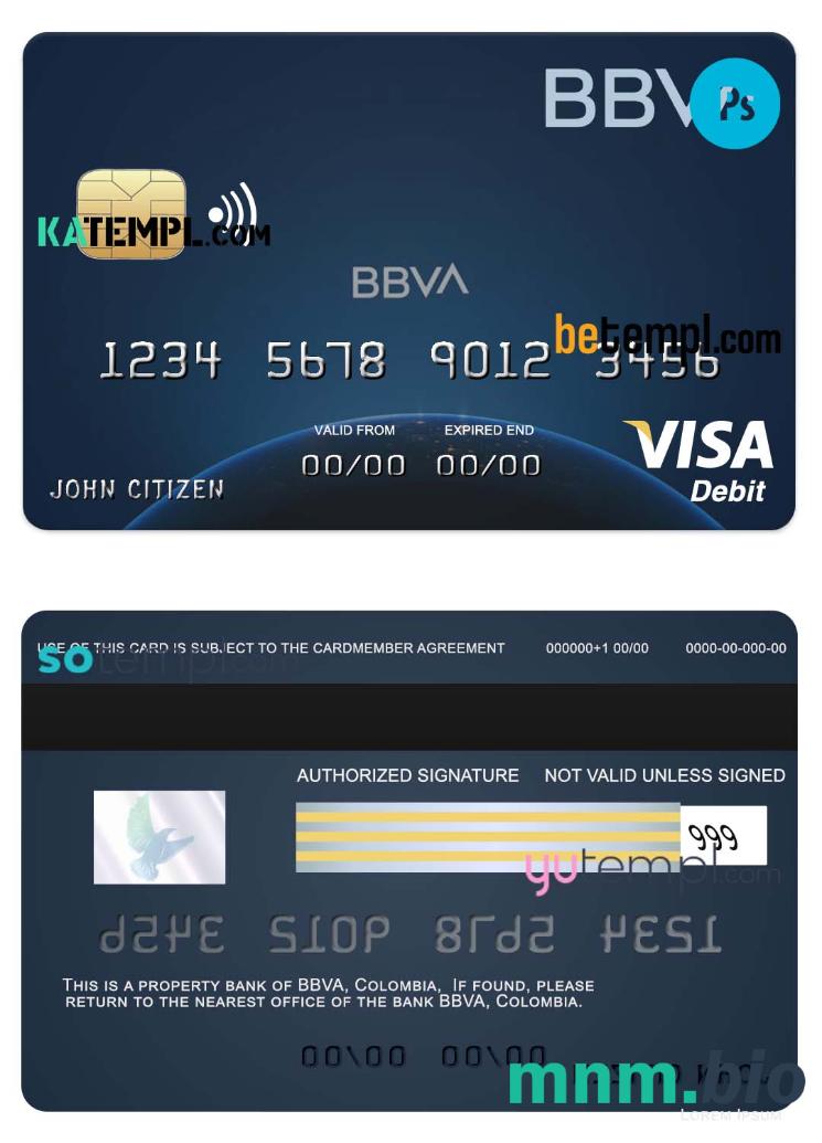 Colombia BBVA bank visa debet szablon karty in PSD format, w pełni edytowalne